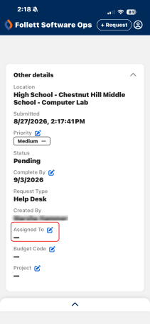 Assign to in the Other details section of a request circled in red.