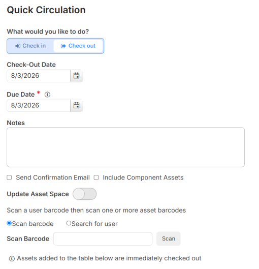 Check in assets options for Quick Circulation.