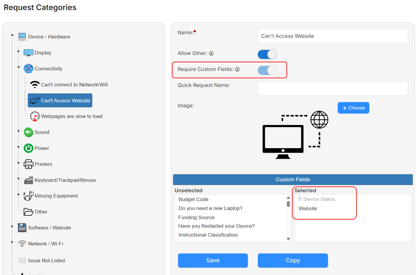 Request Categories page with Require Custom Fields option circled in red.