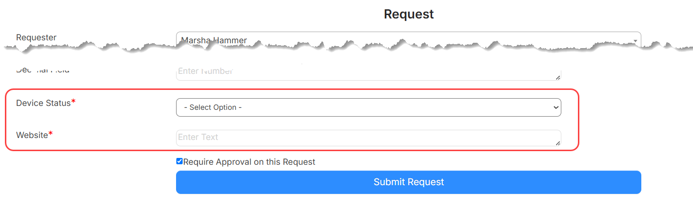 Request type categories fields marked required showing on walk-through request form.