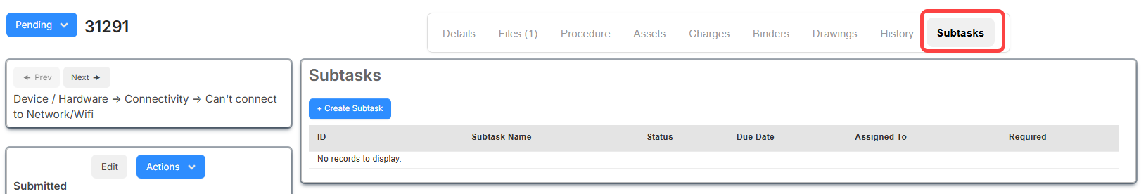 Request details showing the Subtask tab with it circled in red.