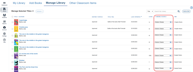 Manage Library page with Funding Source column highlighted.