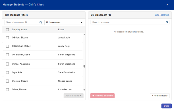 Manage Students page with student names and the Add Selected, Remove Selected, Add Manually, and Sync Homeroom options.