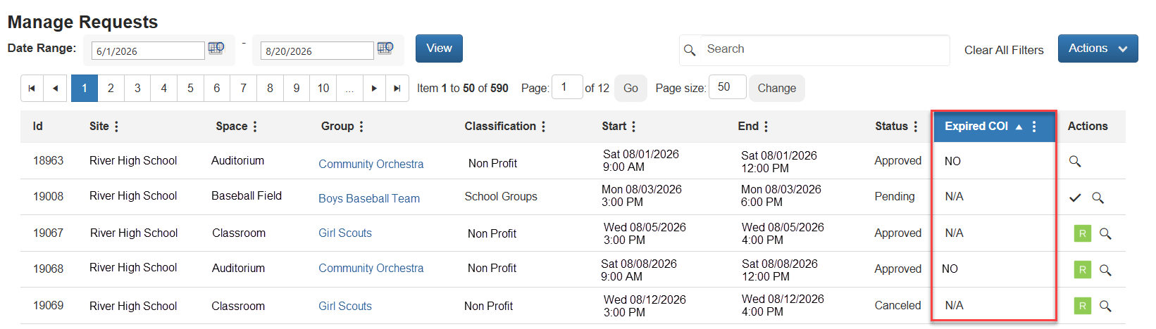 Manage request page with certificate of insurance column highlighted.