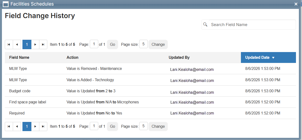 Request form, fields change history report.
