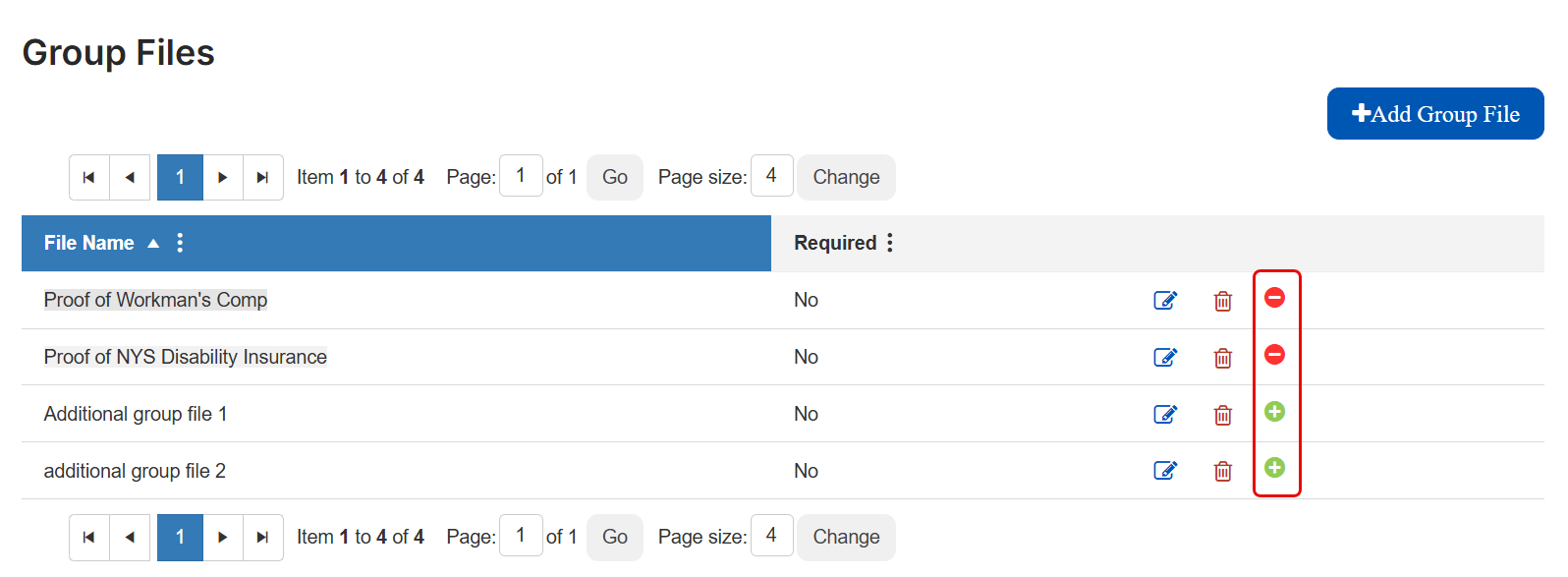 Group files page with activate and inactivate icons highlighted.