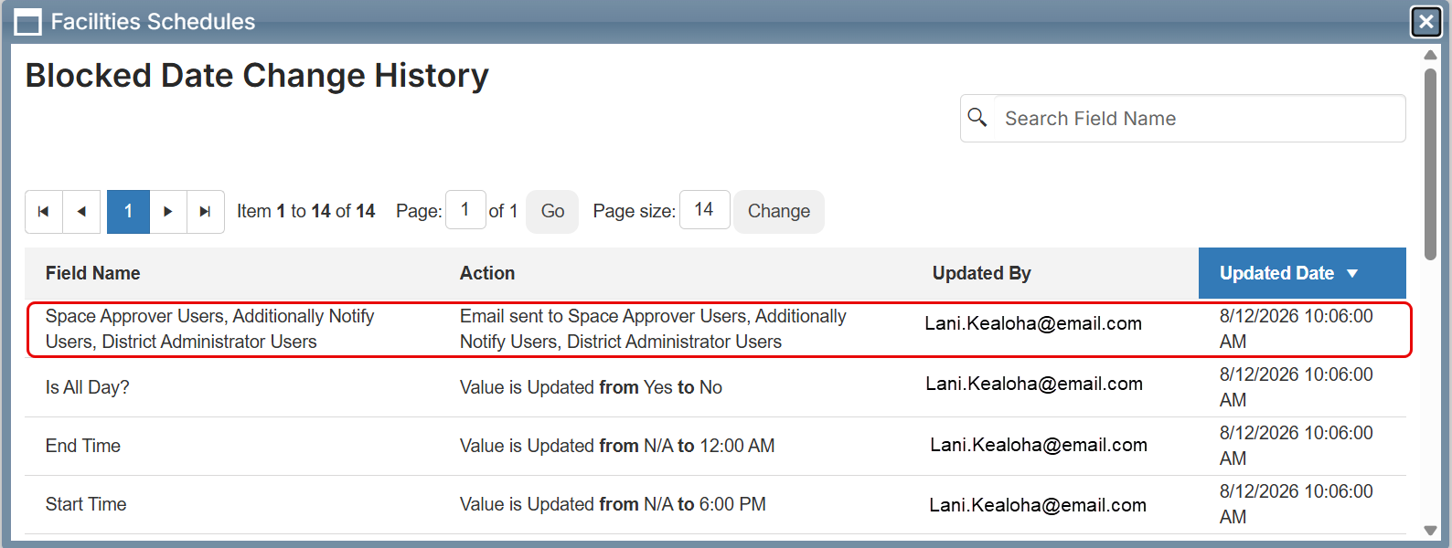 Blocked date change history with email notification sent highlighted.