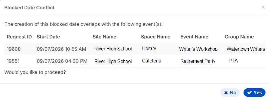 Blocked date conflict confirmation