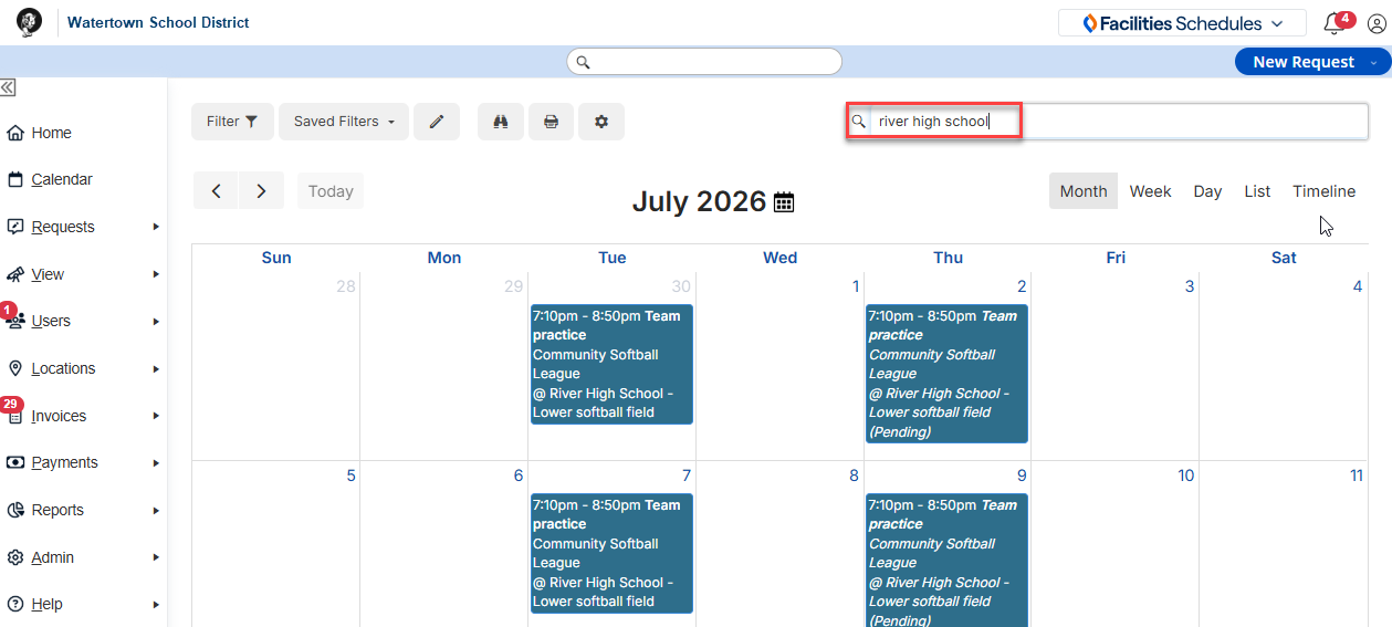 Calendar search box by site name.