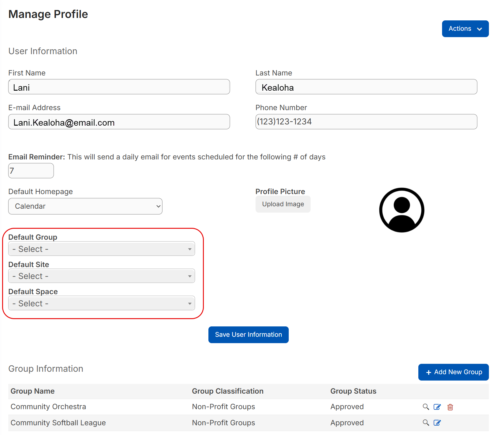 Profile with Default group, site, and space highlighted.