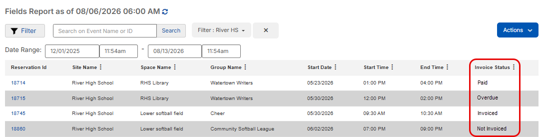 Fields report with invoice status column highlighted.