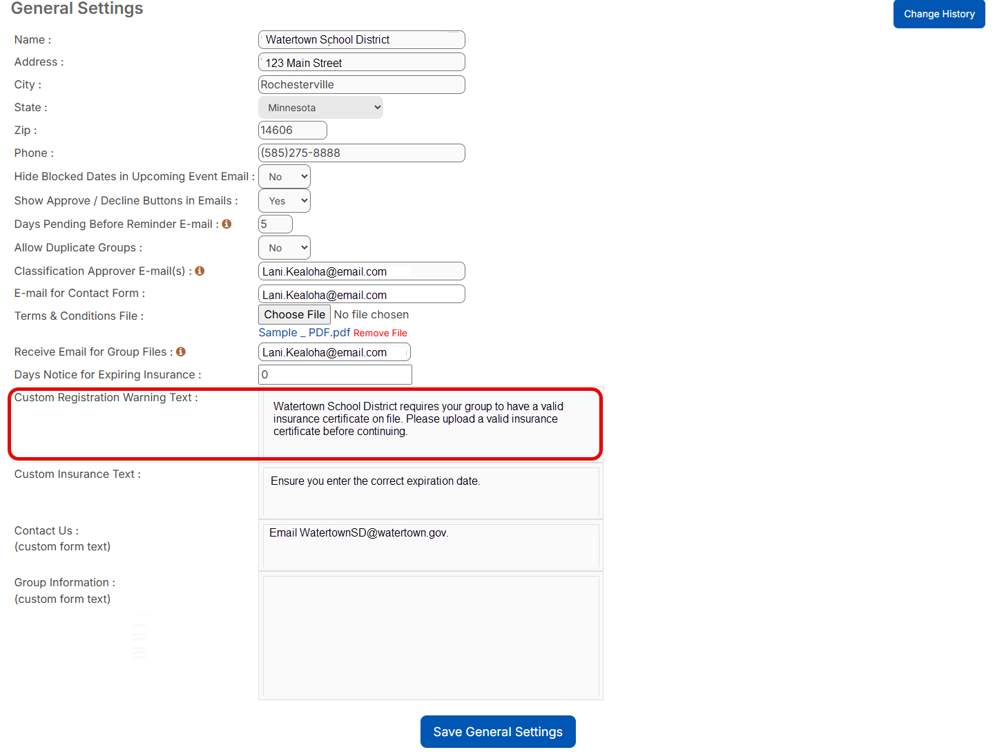 General Settings page with custom registration text highlighted.