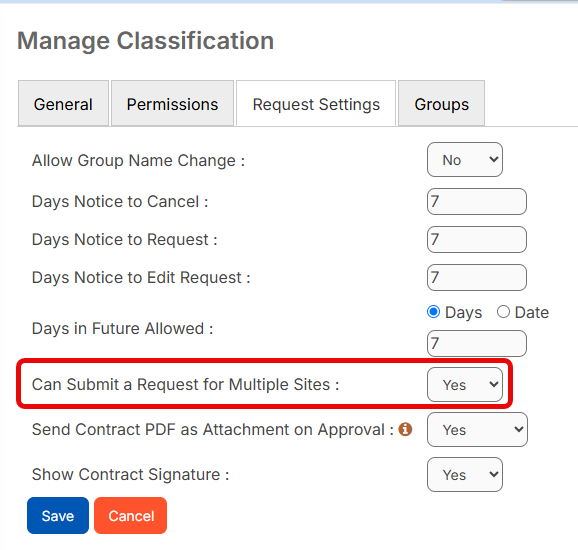 Manage classifications page, Requests settings with Can Submit a request for multiple sites highlighted.