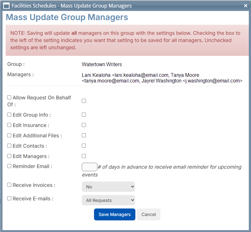 Mass update group managers pop-up.