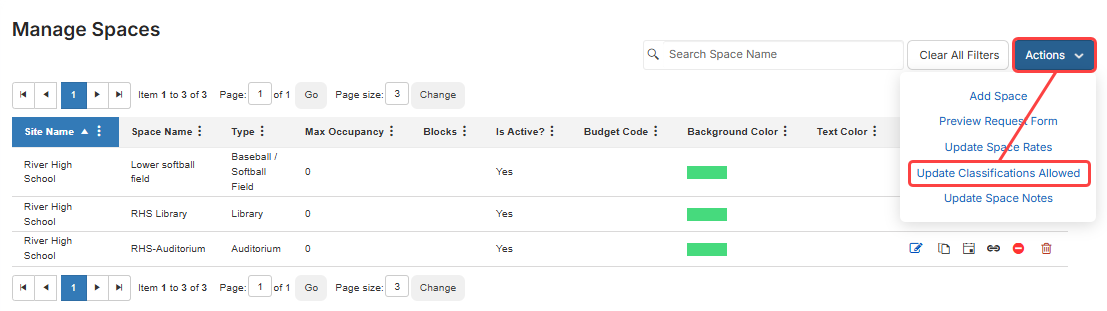 Manage spaces with Actions menu highlighting bulk update classifications.