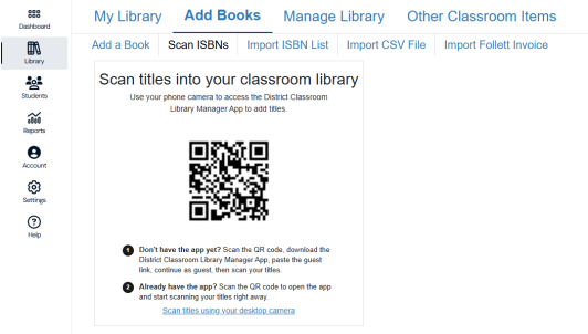 Scan ISBNs page with QR code to access the Classroom Library Manager app to scan titles.