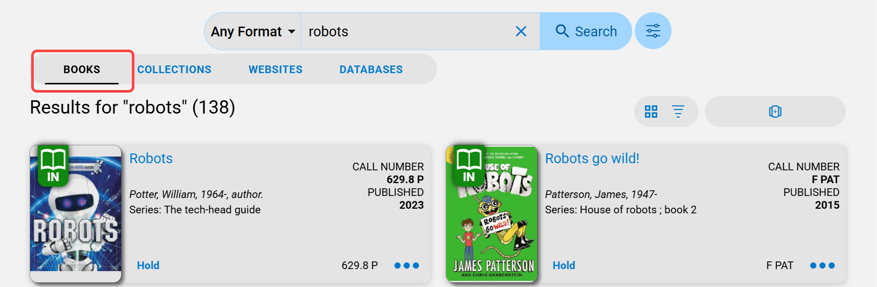 Collections search results with Books tab highlighted.