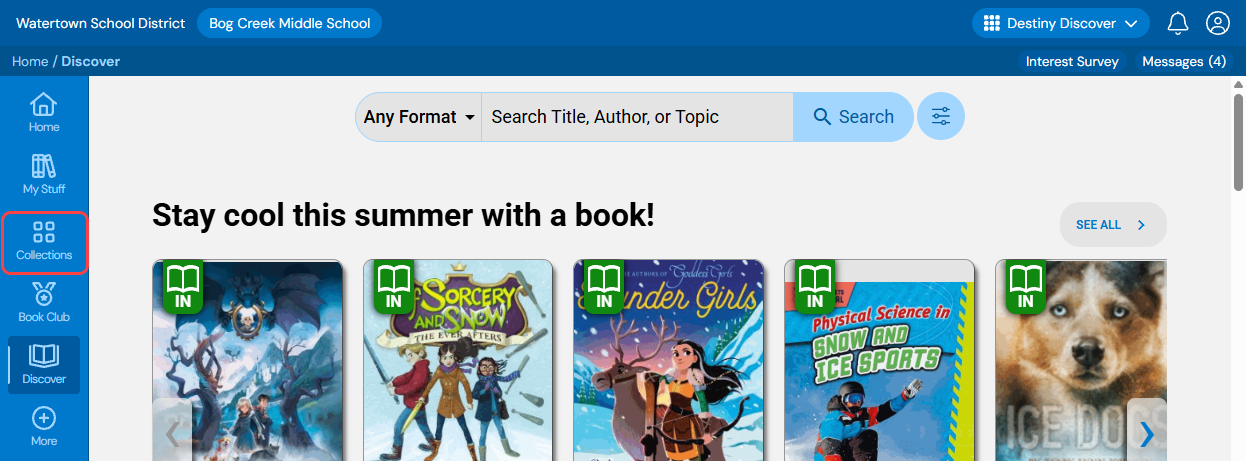 Destiny Discover Home page with Collections option highlighted in the sidebar.