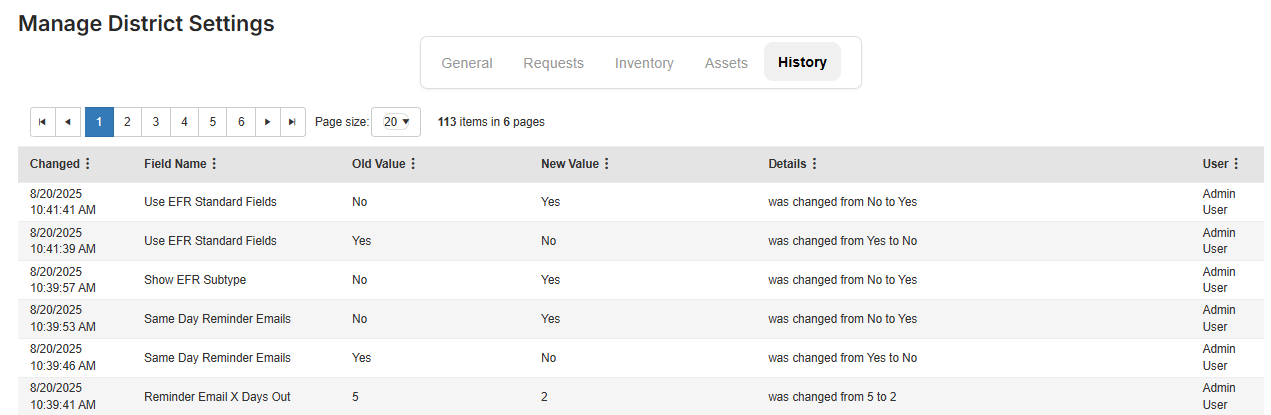 History tab of General Settings.