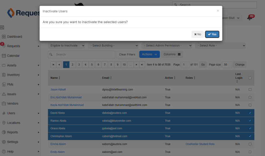 Eligible to inactivate users with confirmation message. 