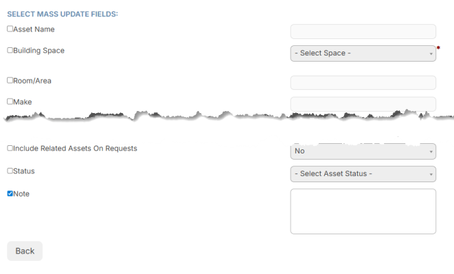 Mass update field, showing the Note field at bottom.