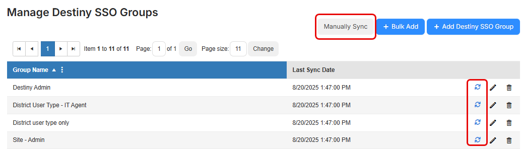 Manage Destiny SSO Groups page.