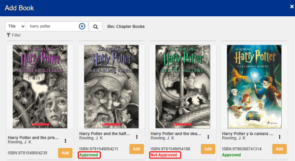 Add Book pop-up with title statuses.