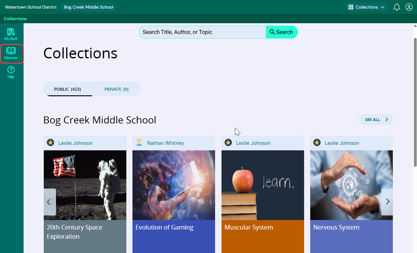Collections page with Discover link highlighted.