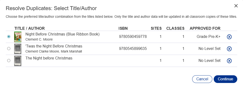 Resolve Duplicates pop-up with a title selected from a list of options.