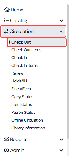 Sidebar in Library view showing Circulation menu item, Check Out option.
