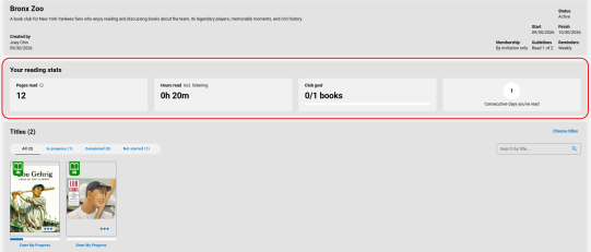 Book club page with reading stats highlighted.