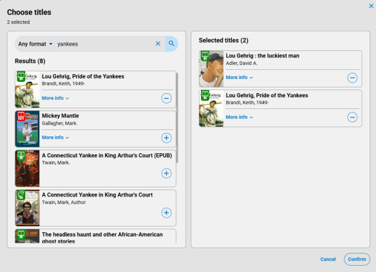 Choose titles page with search results and titles selected.