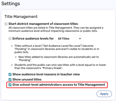Settings page with Give school-level administrators access to Title Management option highlighted.
