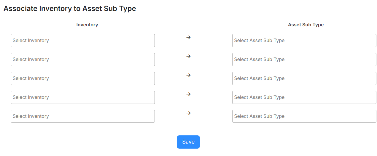 Associate Inventory to Asset Sub Type page.