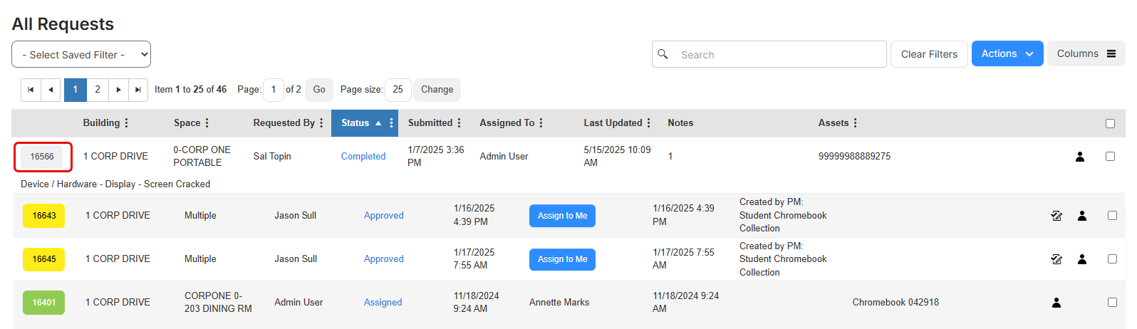Completed request circled red on All Requests page.