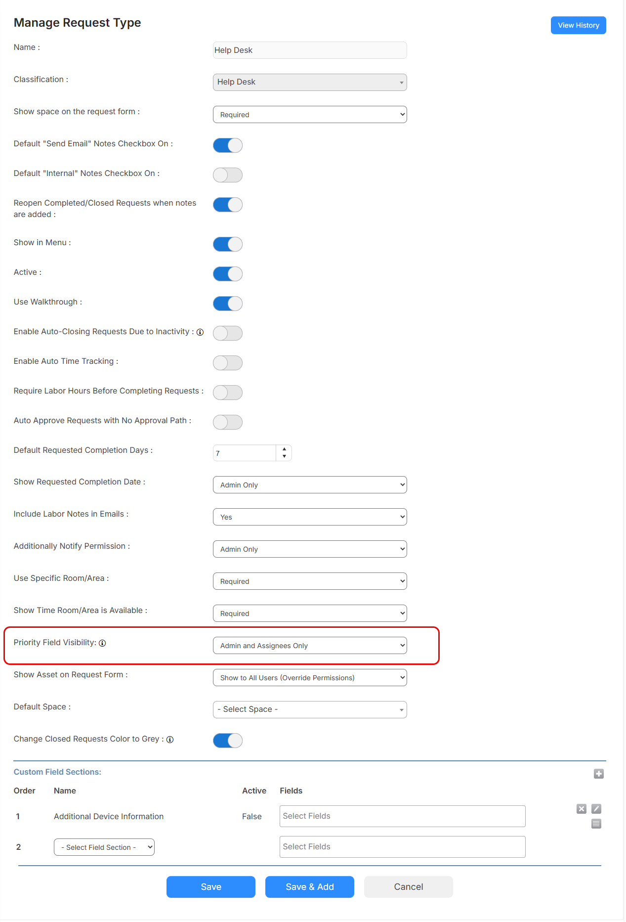 Manage Request Types page, with Priority Field Visibility circled.