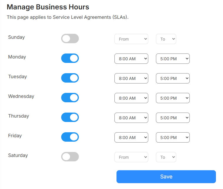 Manage Business Hours page.