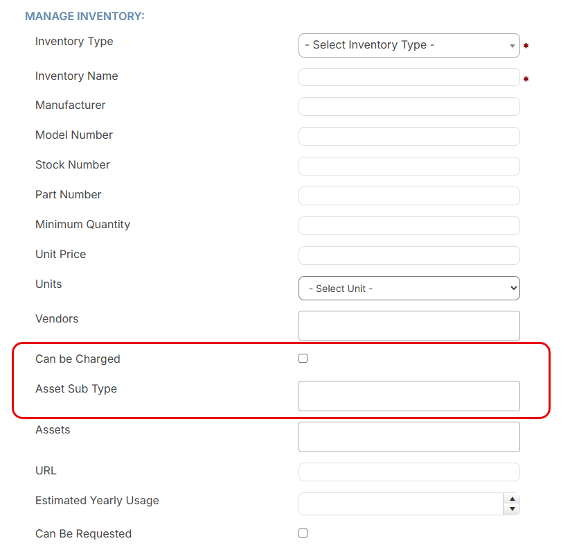 Manage Inventory page with new fields highlighted.