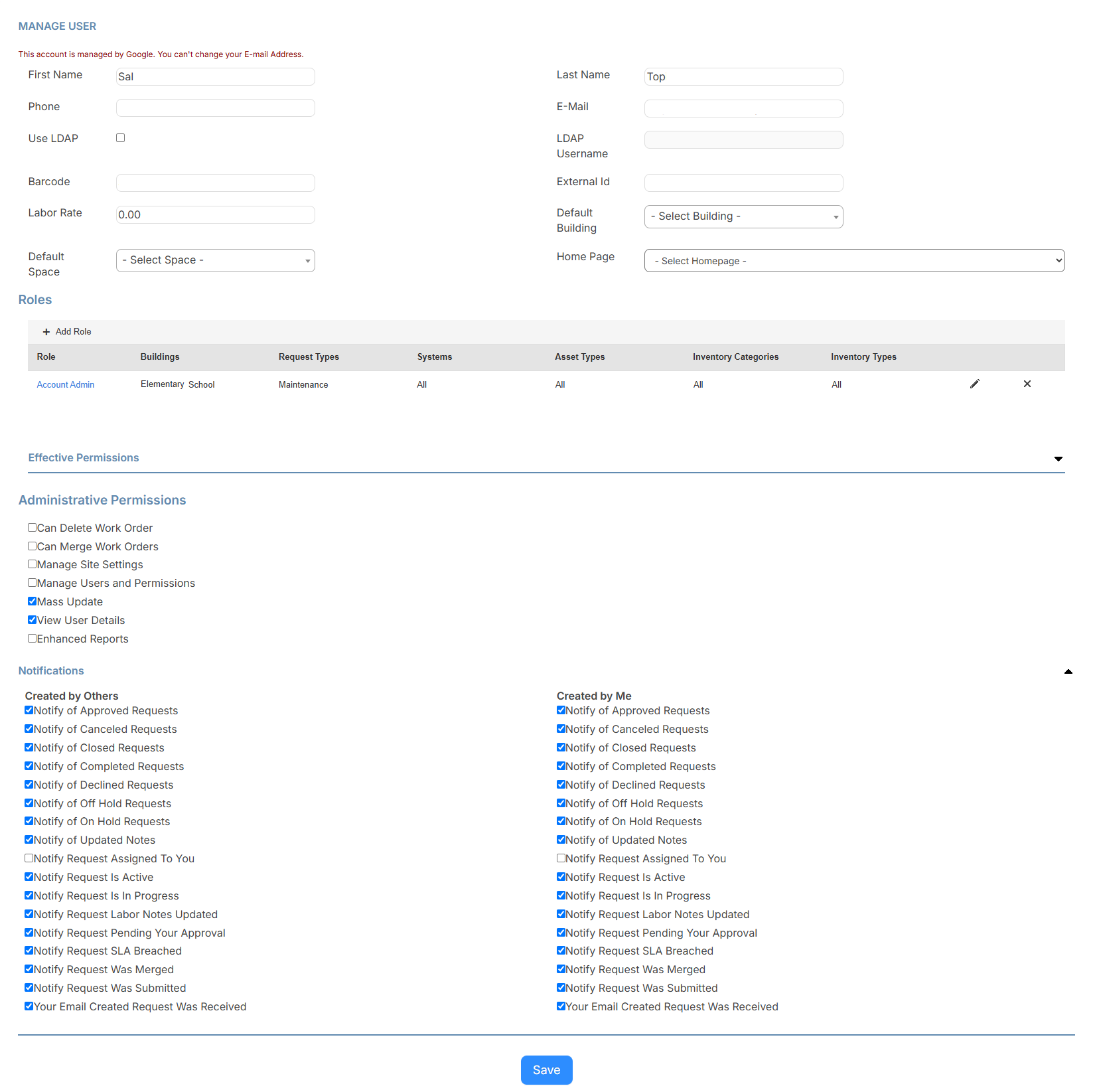Manage Users page showing Notifications section.
