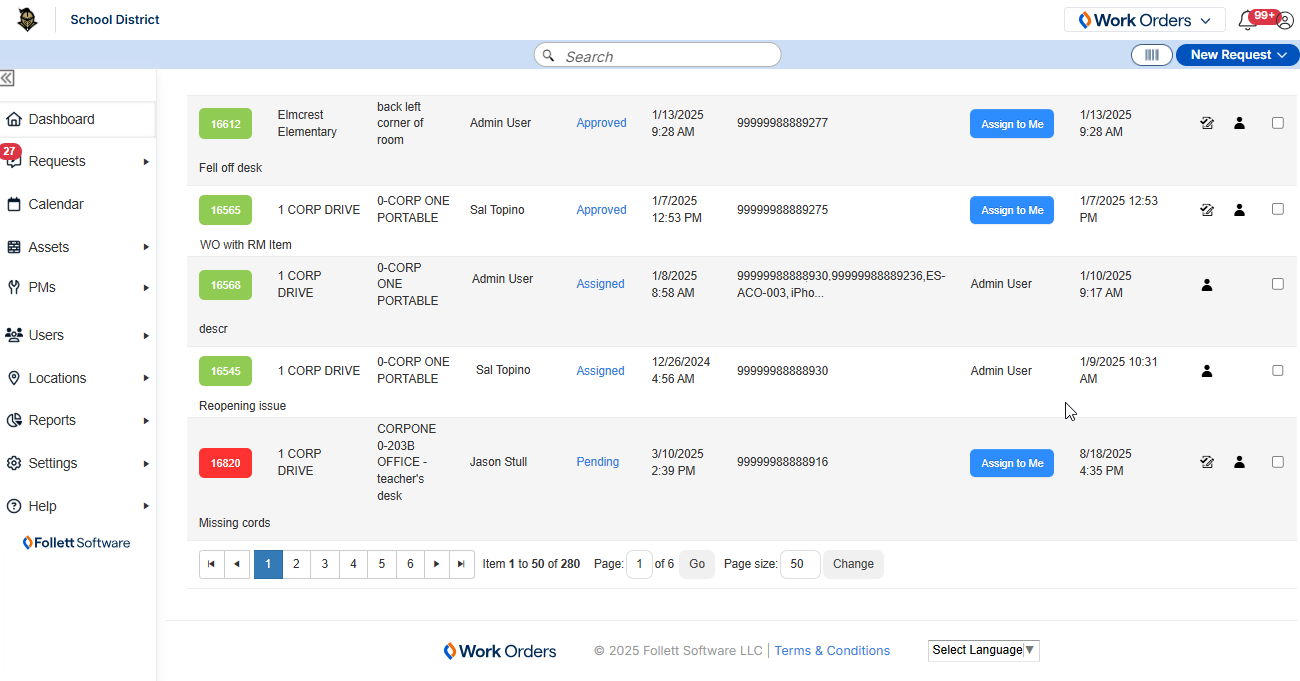 Requests page showing new header, footer, and side navigation menu.