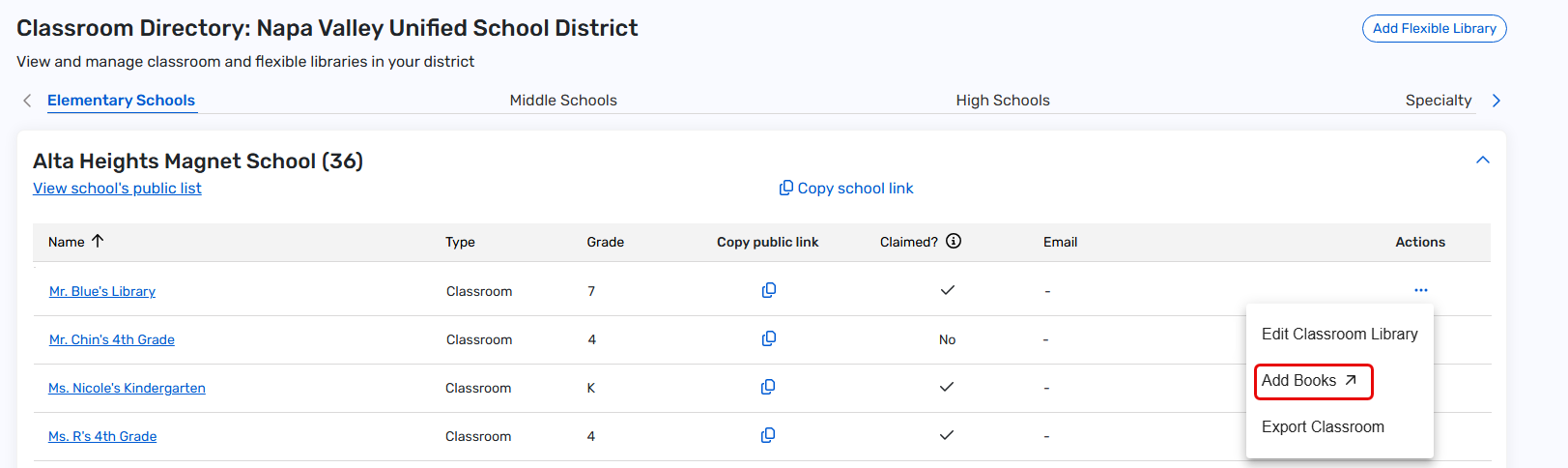 Classroom Directory page for the district with Add Books highlighted.