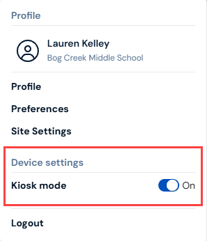 Profile with Kiosk mode setting toggled on.