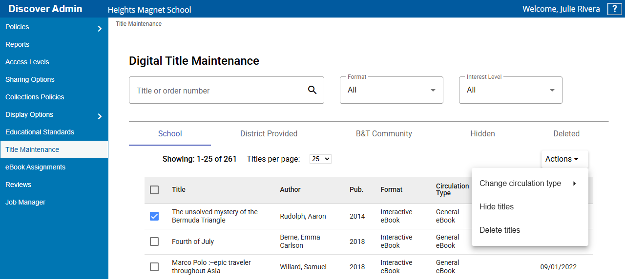 Site-level Digital Title Maintenance page.