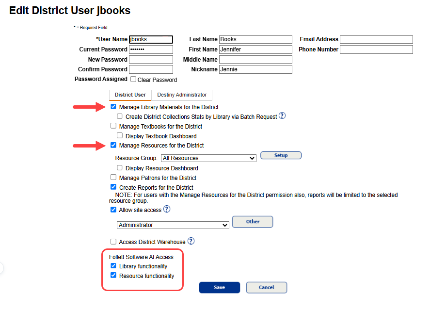 Edit District User page with Follett Software AI Access permissions and district management permissions highlighted.